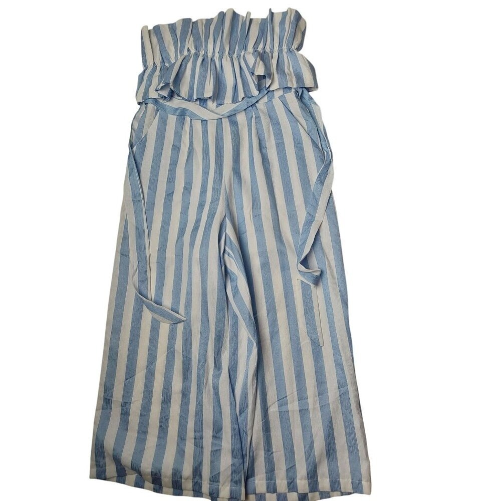 VICI Blue White Striped Strapless Ruffle Tie Waist Wide Leg Jumpsuit Medium